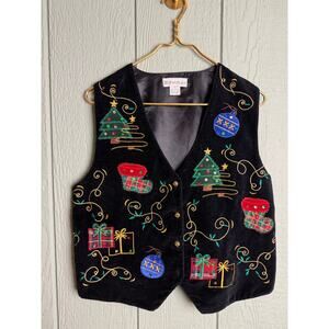 Vintage 90s Christmas Vest Women’s M – Velvet Embroidered Ornaments